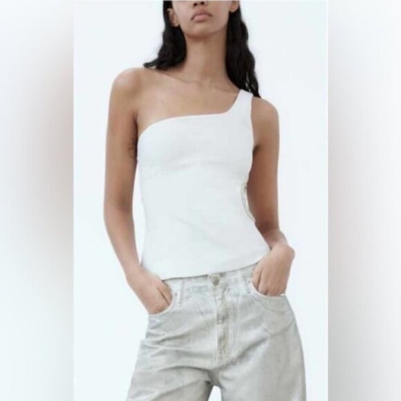 Zara - Ladies One Shoulder Asymmetric Rhinestone Top-White. Size: M. NWT. (1431) - Picture 2 of 14